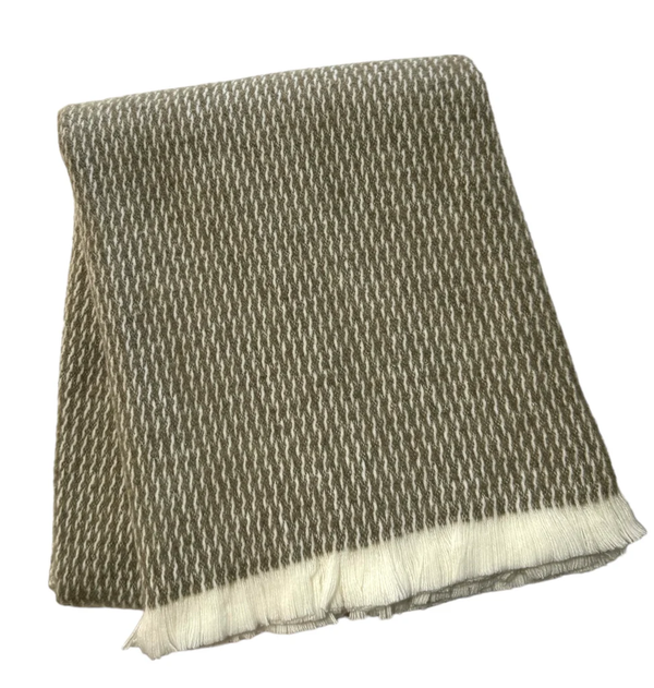 A Soft Idea's Four Sided Pinstripe Fringe Throw, featuring a folded brown and white design with subtle pinstripes and fringed white edges, is displayed on a white background.