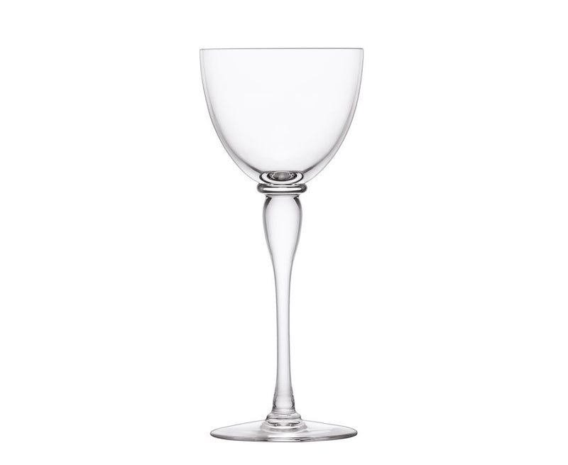 A clear, empty wine glass with a long, elegant stem and round base, displayed against a plain white background, showcases the exquisite craftsmanship of the Amadeus Stemware collection by Saint-Louis/Hermes.