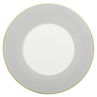A round, grey porcelain Lexington Dinnerware plate by Mottahedeh/Robert Haviland, featuring a thin gold rim, viewed from above against a white background.