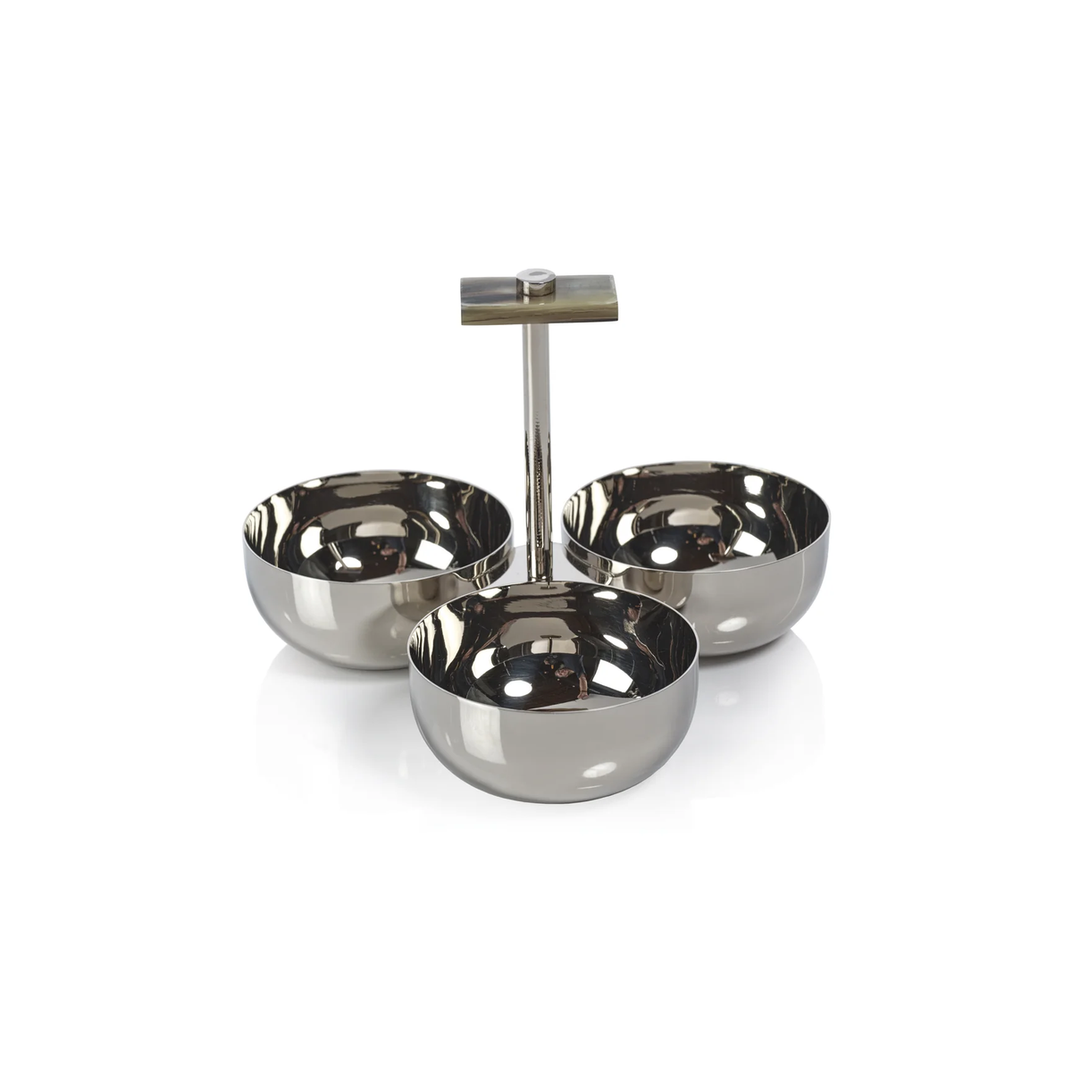 The Zodax Belmont Trio Condiment Set features three gleaming stainless steel bowls joined at the base and topped with a central vertical handle for convenient carrying, all presented against a white background.