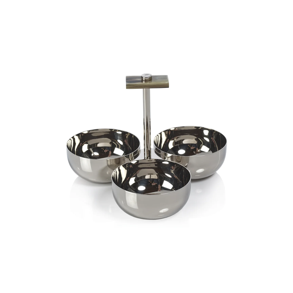 The Zodax Belmont Trio Condiment Set features three gleaming stainless steel bowls joined at the base and topped with a central vertical handle for convenient carrying, all presented against a white background.