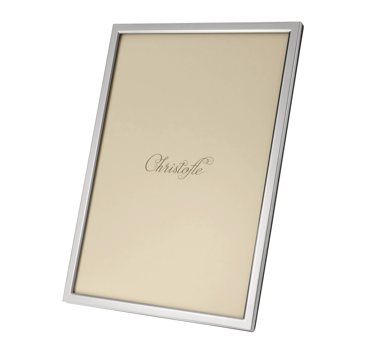 The Uni Picture Frame by Christofle is a rectangular silver frame shown at an angle, featuring a beige insert with "Christofle" elegantly scripted at the center.