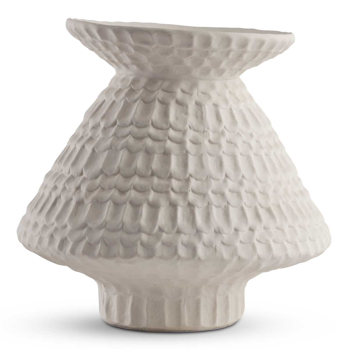 The Teramo Vase by FlowDecor Inc. features a scalloped, scale-like textured white ceramic design with a wide flared rim and base, an asymmetrical modern shape, and a matte finish.
