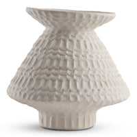 The Teramo Vase by FlowDecor Inc. features a scalloped, scale-like textured white ceramic design with a wide flared rim and base, an asymmetrical modern shape, and a matte finish.