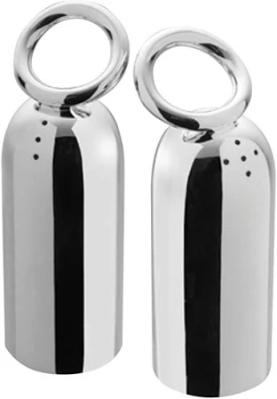 The Christofle Vertigo Salt and Pepper Shakers by Christofle feature a shiny silver finish, rounded tops, and bold circular handles. Small holes on the upper front add a modern twist to this elegant set.