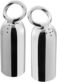 The Christofle Vertigo Salt and Pepper Shakers by Christofle feature a shiny silver finish, rounded tops, and bold circular handles. Small holes on the upper front add a modern twist to this elegant set.