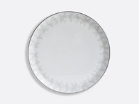 The Bernardaud Silva Dinnerware Serving Piece features a round white plate with a subtle gray geometric pattern and platinum relief on the rim, finished by a thin dark edge—an elegant addition to any table.