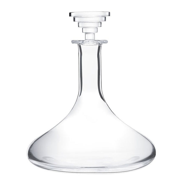 The Oxymore Wine Decanter by Saint-Louis/Hermes features clear glass, a wide rounded base, narrow neck, and a stepped geometric stopper—an elegant tableware piece inspired by the classic Oxymore design.