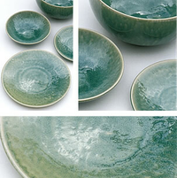The Tourron Dinnerware Jade by Jars - Rosenthal features round ceramic bowls and plates with a glossy green glaze and textured, uneven surfaces, shown on a white background from various angles and in close-up views.