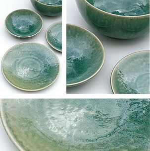 The Tourron Dinnerware Jade by Jars - Rosenthal features round ceramic bowls and plates with a glossy green glaze and textured, uneven surfaces, shown on a white background from various angles and in close-up views.