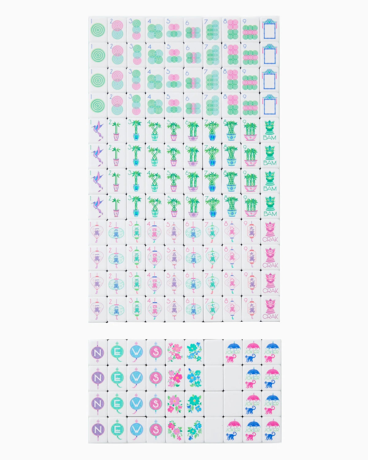 The Oh My Mahjong Jasmine Tiles Set features small square tiles in pink, green, blue, and purple with vibrant images of flowers, animals, shapes, and symbols—a perfect choice for acrylic tile or mahjong enthusiasts.