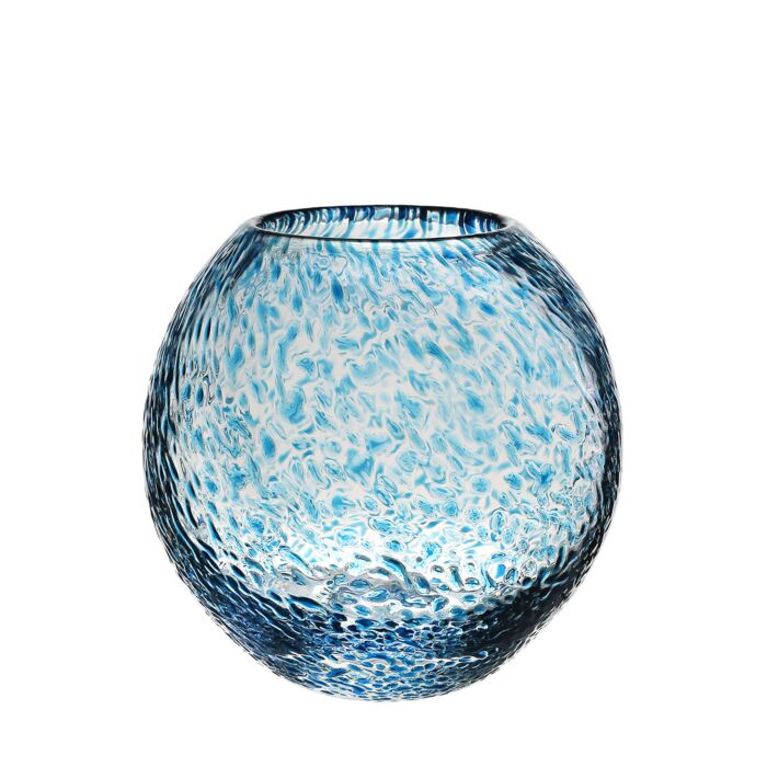 The Florence Vase Aqua by William Yeoward is a round, textured glass vase with a blue and clear marbled pattern, wide opening, and bulbous shape—ideal for unique decorative displays.