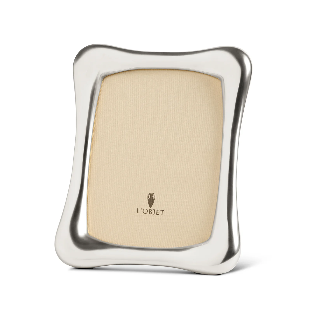 The Anton Frame Platinum by L'Objet is a modern, rectangular frame with wavy platinum edges and a gold inner border, featuring the L'Objet logo at the center of its blank display area.