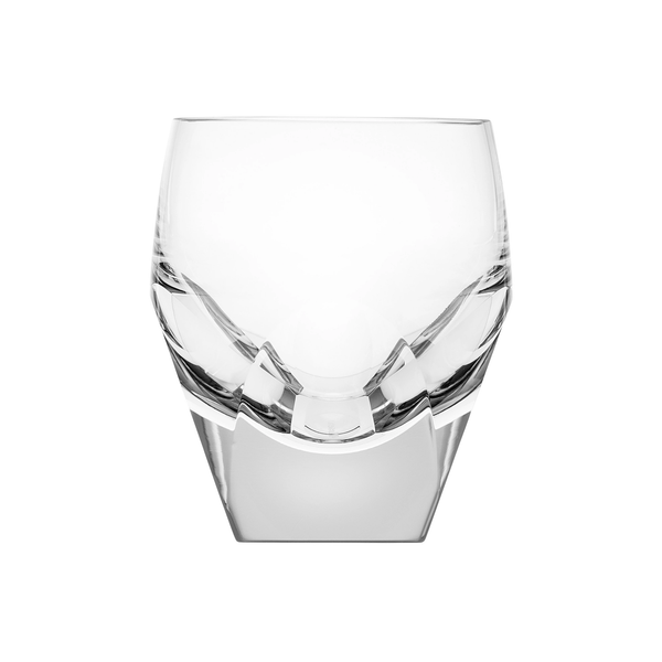 The Moser Bar Spirit Tumbler Shot Glass 45ml features a modern, clear glass design with angular geometric facets and a thick base, echoing cut-crystal elegance, shown on a plain white background.