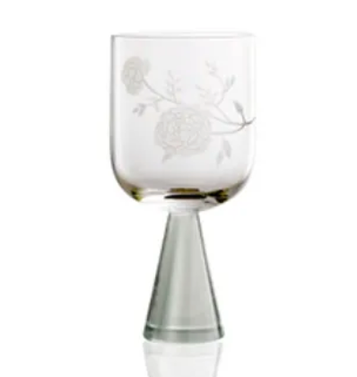 The Peony Goblet Set of 2 by Current Home features clear glass with a frosted floral pattern and a tapered stem, adding handcrafted elegance and charm to any collection.