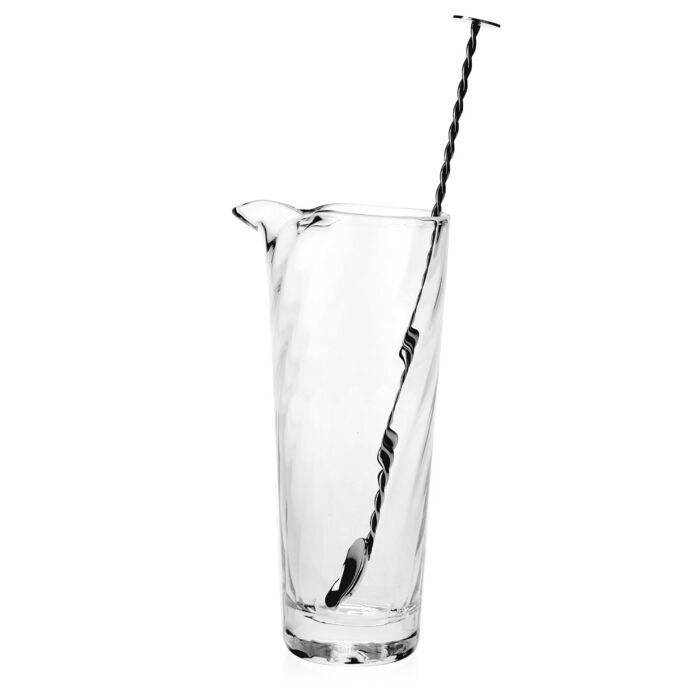 The William Yeoward Dakota Mixer & Stirrer features a clear glass 30oz Martini mixer with spout and a long, twisted metal stirrer with disc end, all set against a white background.