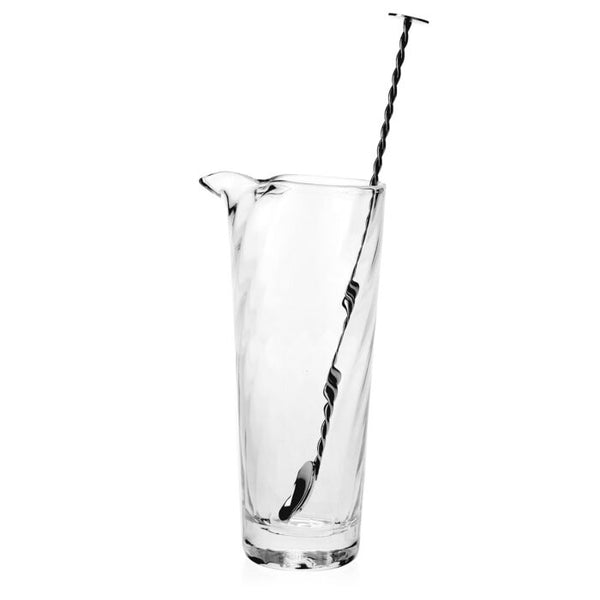 The William Yeoward Dakota Mixer & Stirrer features a clear glass 30oz Martini mixer with spout and a long, twisted metal stirrer with disc end, all set against a white background.