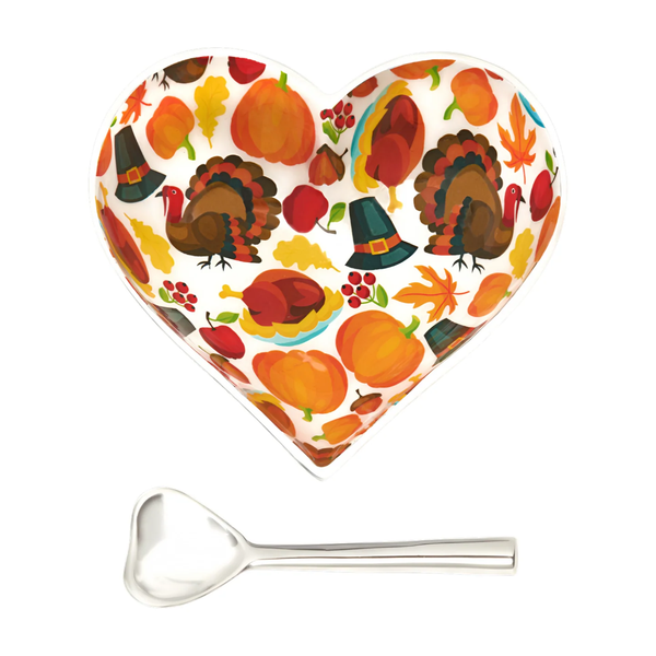 Happy Heart Bowl with Spoon - Thanksgiving in a heart shape, decorated with a pattern of turkeys, pumpkins, and pilgrim hats, including a matching heart-shaped spoon.