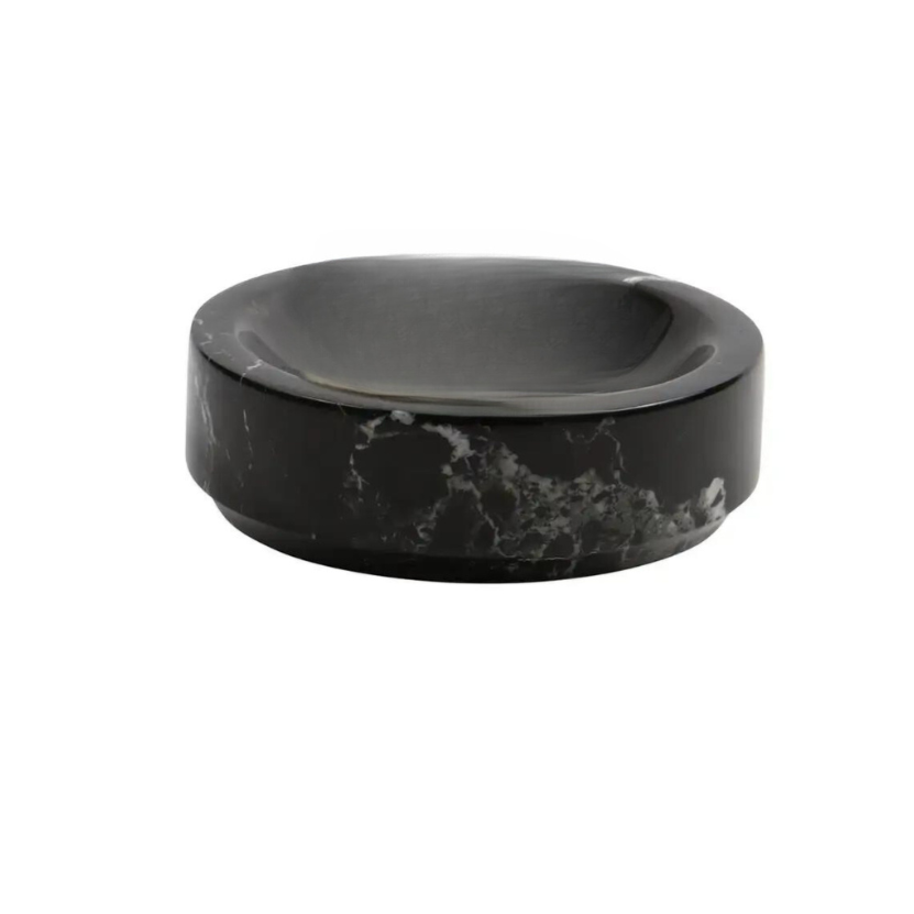 The Marble Black Zebra Bowl by Designs by Marble Crafter features a round, shallow design with a smooth surface and subtle white veining. Shown on a plain white background.
