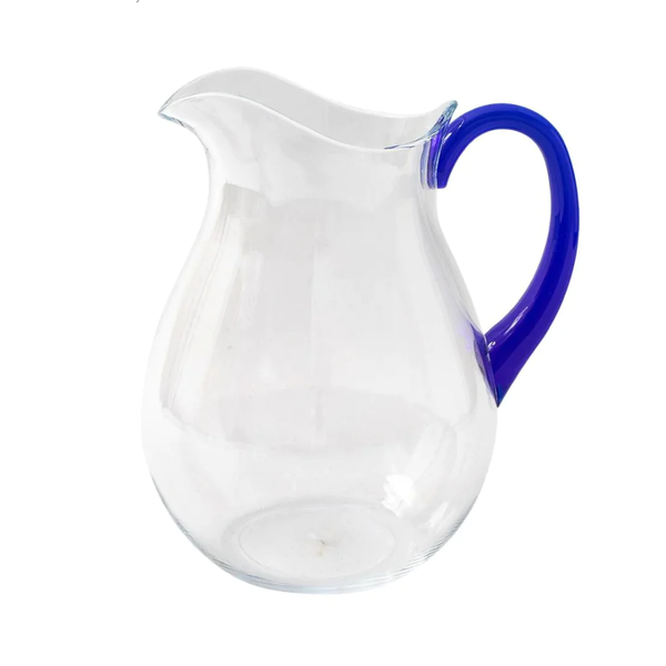 The Caspari Acrylic Handled Pitcher - Clear & Blue features a wide body, narrow neck, and curved blue handle. BPA-free and elegant, it pairs perfectly with acrylic dinnerware and is shown against a white background.