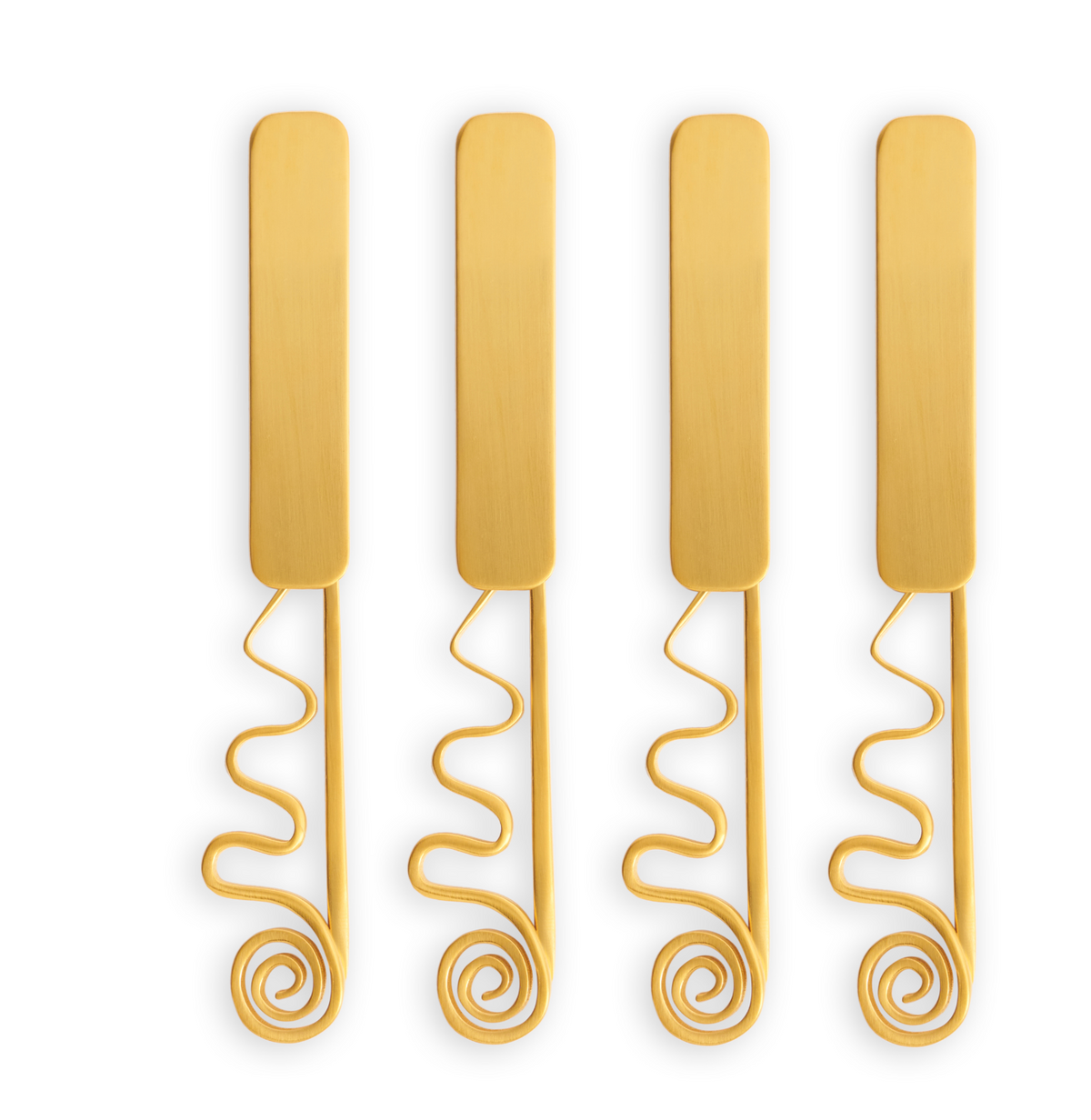 The Spirale Gold Spreaders Set of 4 by L'Objet features rectangular-topped, spiral-designed 24k gold spreaders—luxurious tableware that adds an elegant touch to any setting.
