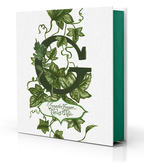 The book G: Forever Green by Abrams /Hachette Books features a white cover with a large, dark green "G" encircled by leafy vines; its title appears in green script within the vines and the page edges are green.