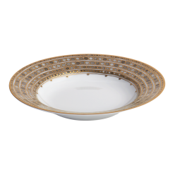 The Syracuse Dinnerware- Taupe soup plate by Haviland & Parlon features fine porcelain with a wide rim, adorned with an elegant gold and taupe geometric pattern, reminiscent of classic Limoges style on a plain white background.