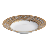 The Syracuse Dinnerware- Taupe soup plate by Haviland & Parlon features fine porcelain with a wide rim, adorned with an elegant gold and taupe geometric pattern, reminiscent of classic Limoges style on a plain white background.