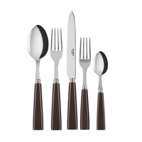 The Sabre Icone Flatware 5 Piece Setting features a tablespoon, dinner fork, dinner knife, salad fork, and teaspoon in shiny 18/10 stainless steel with brown handles, displayed upright in a row on a white background.