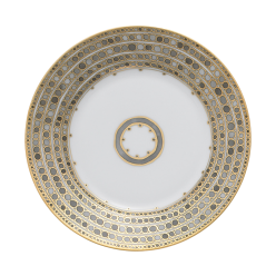 The Haviland & Parlon Syracuse Dinnerware - Taupe is a round porcelain dinner plate adorned with a gold and gray geometric rim and a coordinating central circular motif.