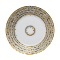 The Haviland & Parlon Syracuse Dinnerware - Taupe is a round porcelain dinner plate adorned with a gold and gray geometric rim and a coordinating central circular motif.