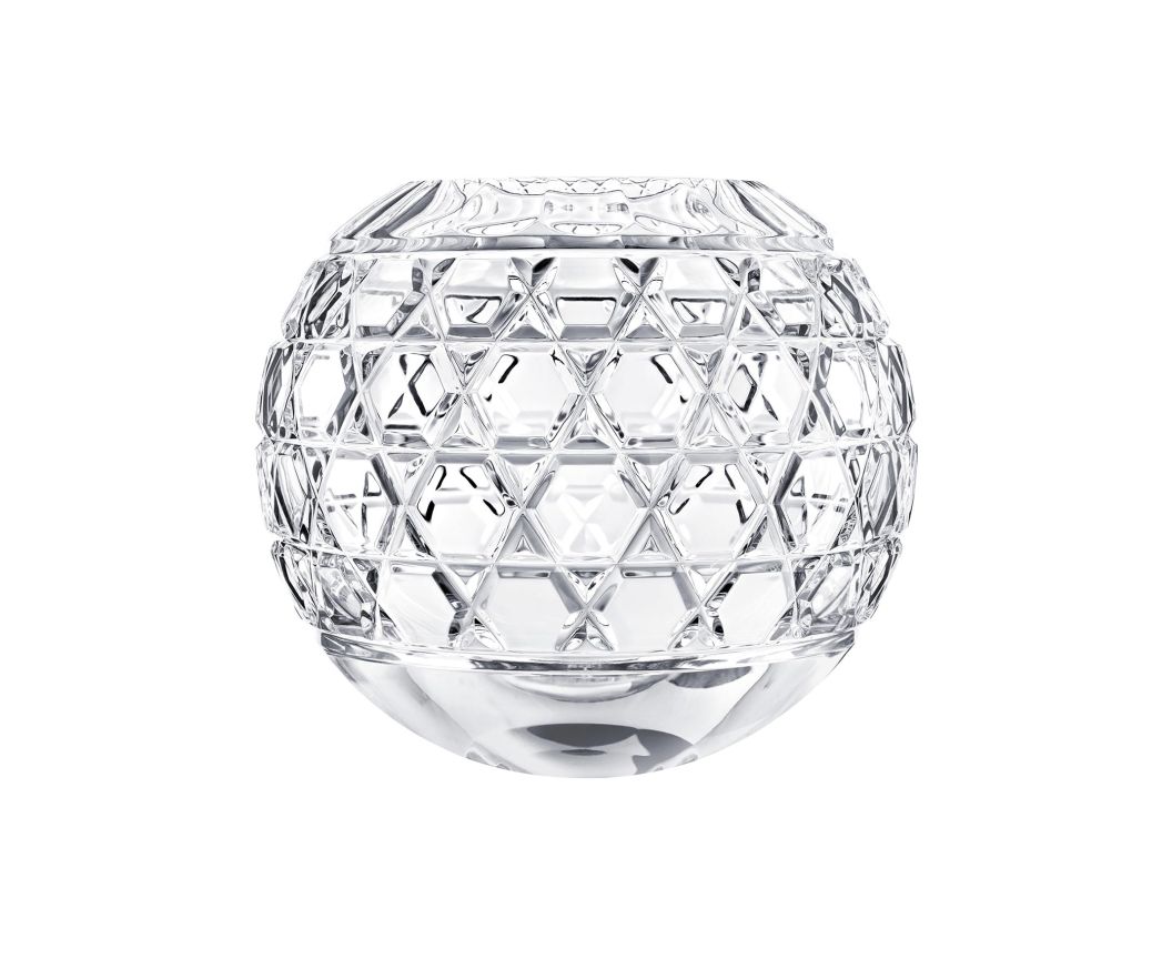Clear, spherical Royal Vase - in crystal with a geometric cut-glass pattern.