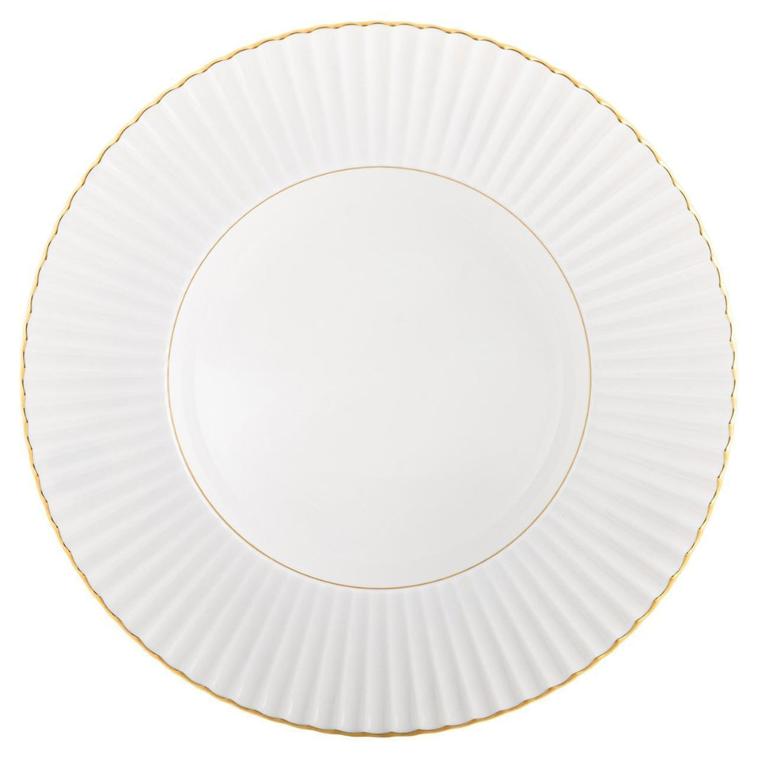 The 200 Anos Dinnerware by Vista Alegre is a white ceramic dinner plate with a fluted rim and hand-painted gold trim, shown from above on a plain background—showcasing modern elegance.