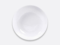 A round, white Bernardaud Organza White Dinnerware porcelain plate featuring a subtle textured pattern, photographed from above on a plain light gray background.