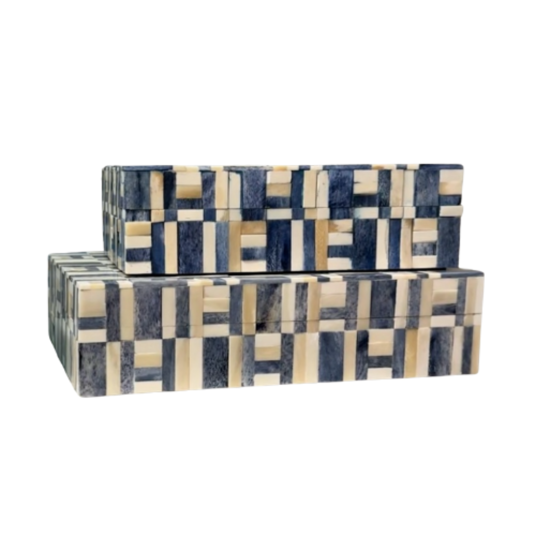 Pair of Bojay Saffron Boxes—rectangular storage boxes with lids. Crafted from bone with a geometric mosaic in blue, cream, and beige interlocking rectangles and squares. Ideal as elegant décor or for holding saffron.