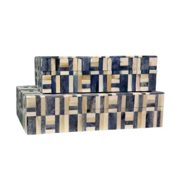 Pair of Bojay Saffron Boxes—rectangular storage boxes with lids. Crafted from bone with a geometric mosaic in blue, cream, and beige interlocking rectangles and squares. Ideal as elegant décor or for holding saffron.