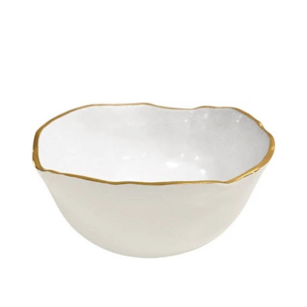 The Beatriz Ball Encanto Osaka Bowl Cream & White - Large is a white ceramic serving bowl with an uneven wavy rim and thin gold edge, featuring a simple, modern design.