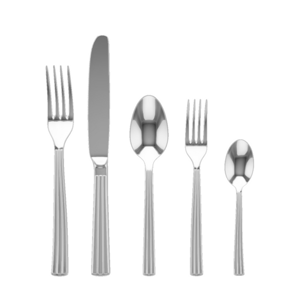 The Mepra Sole Flatware 5 Piece Setting in stainless steel—made in Italy—features a dinner fork, knife, soup spoon, salad fork, and teaspoon displayed side by side on a white background.