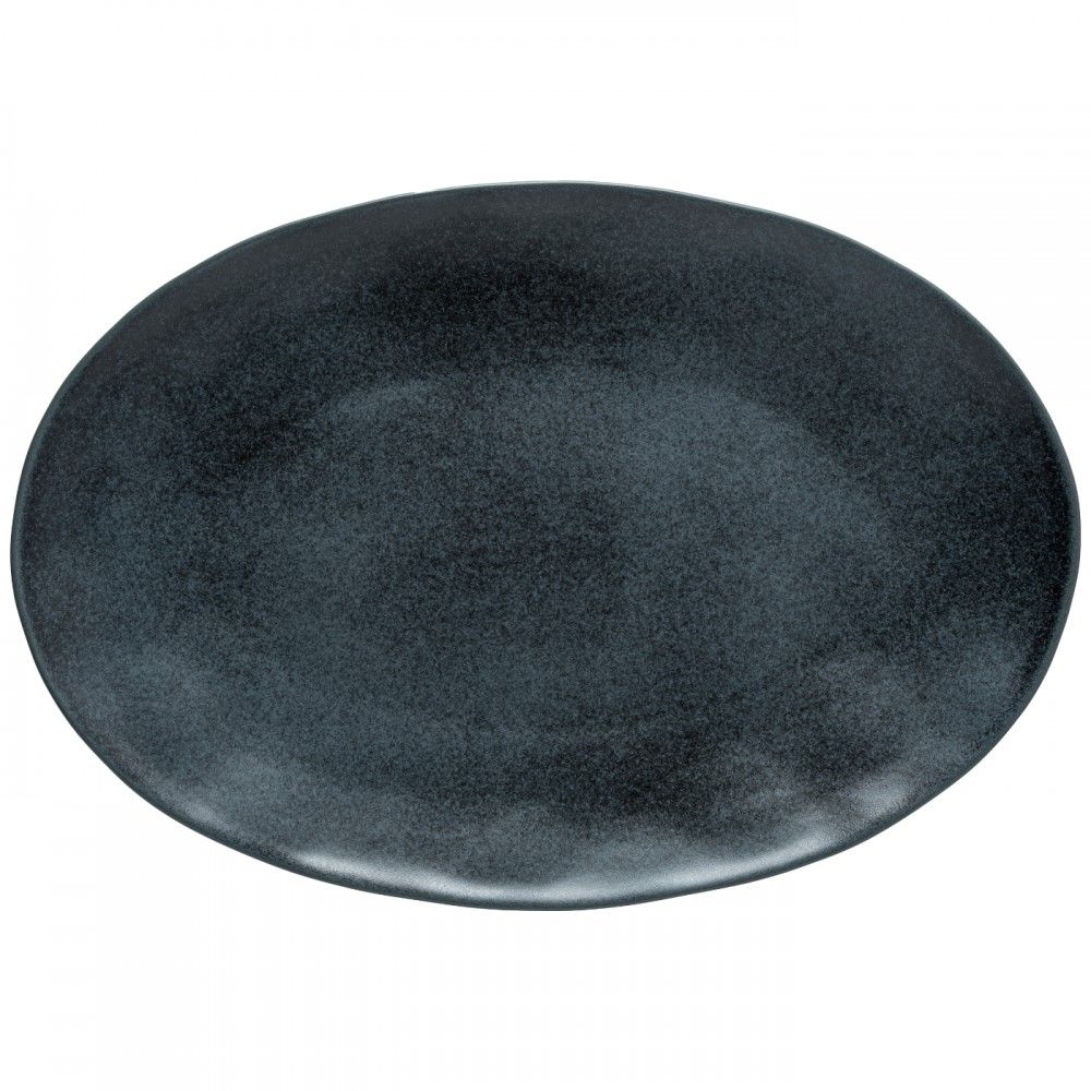 The Livia Dinnerware Matte Black by Casafina/Costa Nova is an oval stoneware plate with a matte finish, slightly uneven rim, and modern design—crafted in Portugal.