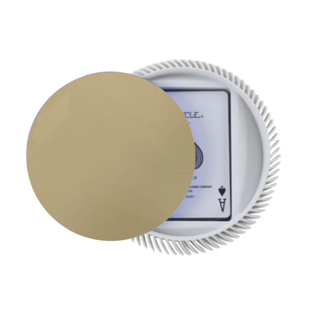 The La Redonda Round 3D Single Card Deck Holder by Luxe Dominoes is a modern storage solution featuring stacked playing cards in a white round holder with a gold lid, displaying the Ace of Spades on top.