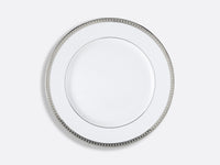 The Bernardaud Athena Platinum Dinnerware plate is round, white porcelain with a platinum geometric rim, shown on a light gray background.