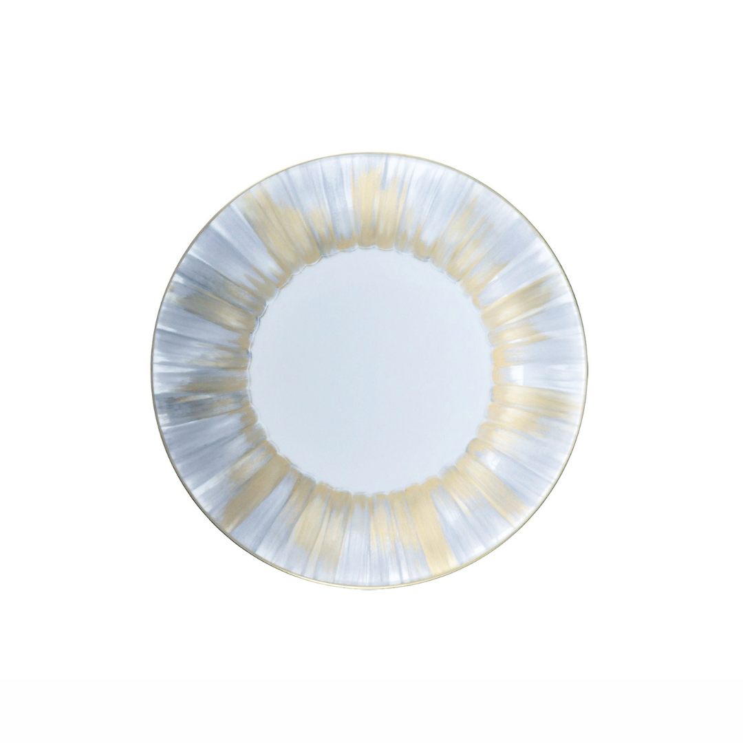 The Marie Daage Panache plate by Marie Daâge features Limoges porcelain with a radial silver-gray and gold brushstroke rim on a white background—an elegant addition to any luxury dinnerware collection.