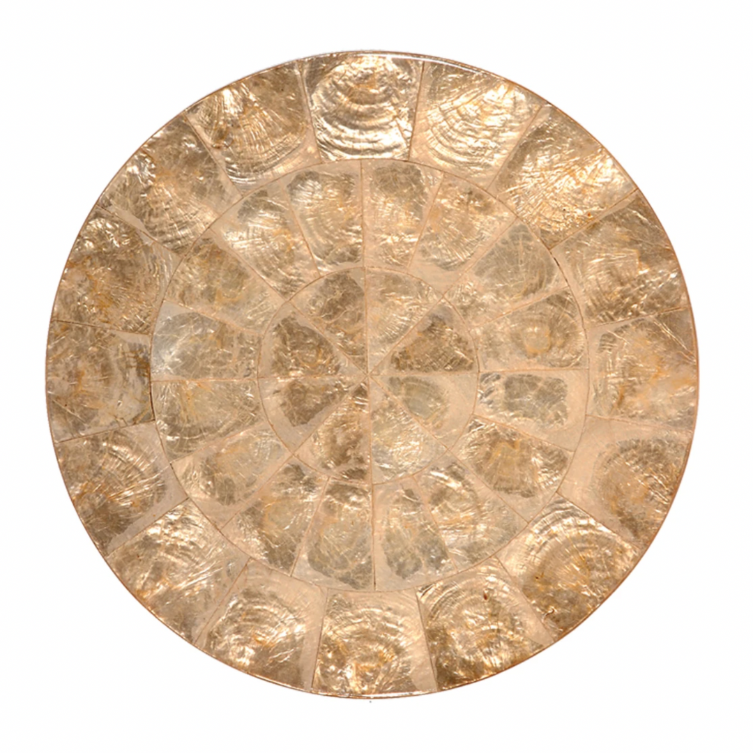 The Kim Seybert Capiz Shell Placemat Champagne Set of 4 features round, mosaic-patterned placemats with shiny, translucent gold-toned segments in concentric circles—an elegant touch for any table setting.