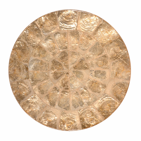 The Kim Seybert Capiz Shell Placemat Champagne Set of 4 features round, mosaic-patterned placemats with shiny, translucent gold-toned segments in concentric circles—an elegant touch for any table setting.