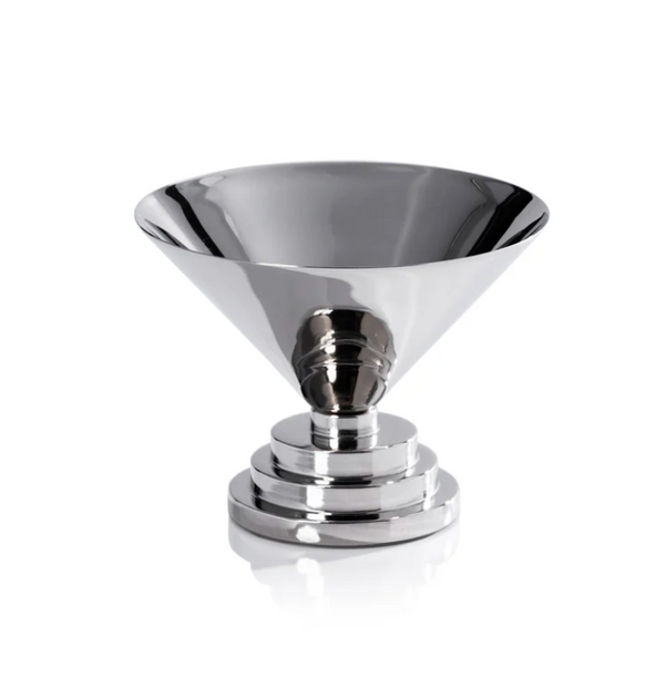 A shiny, polished nickel Malcolm Condiment Bowl by Zodax features a wide, flared top and a tiered, circular base, showcased against a plain white background and exuding an elegant Art Deco charm.