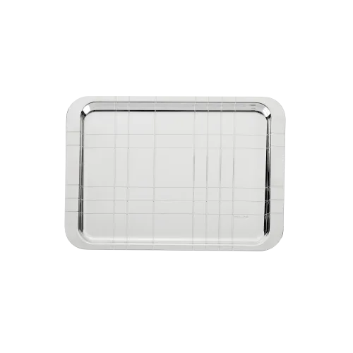 The Christofle Graphik Silver Plated Rectangular Tray features a shiny finish with an engraved grid pattern, rounded corners, and modern elegance. Part of the GRAPHIK collection, it is shown against a plain white background.
