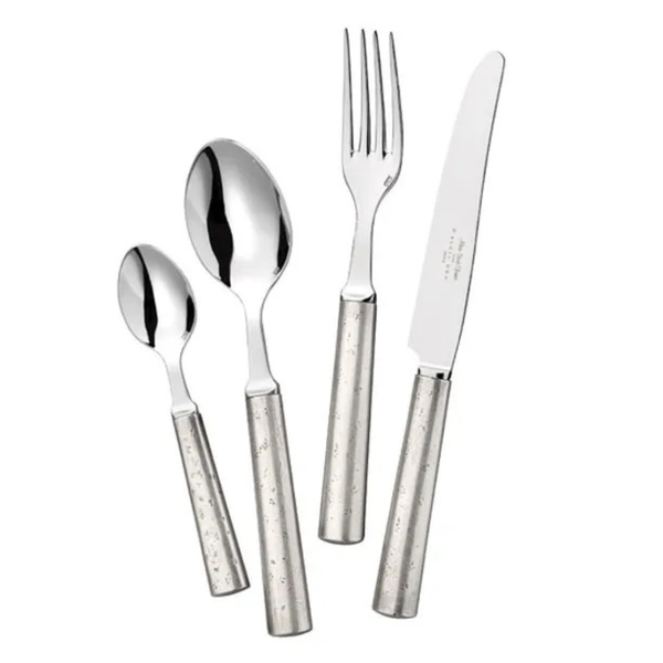 The Alain Saint-Joanis Granite Flatware 5 Piece Setting includes a teaspoon, tablespoon, fork, knife, and dessert fork—crafted in stainless steel with textured handles and displayed side by side on a white background.