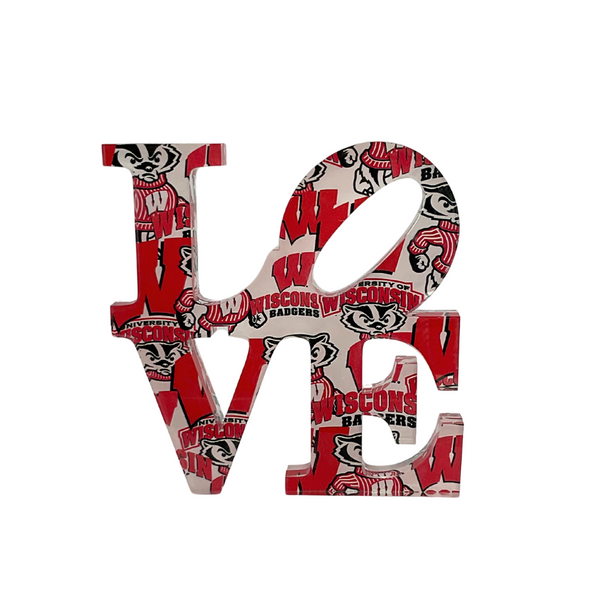 The College Love Sculpture by Eye Candy features cutout letters adorned with University of Wisconsin Badgers logos and Bucky Badger mascots, making it a perfect graduation gift for any Badgers fan.