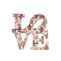 The Eye Candy College Love Sculpture features the word LOVE in large letters with Syracuse University logos, mascots, and school name on a white background—an ideal custom school sculpture and thoughtful graduation gift.