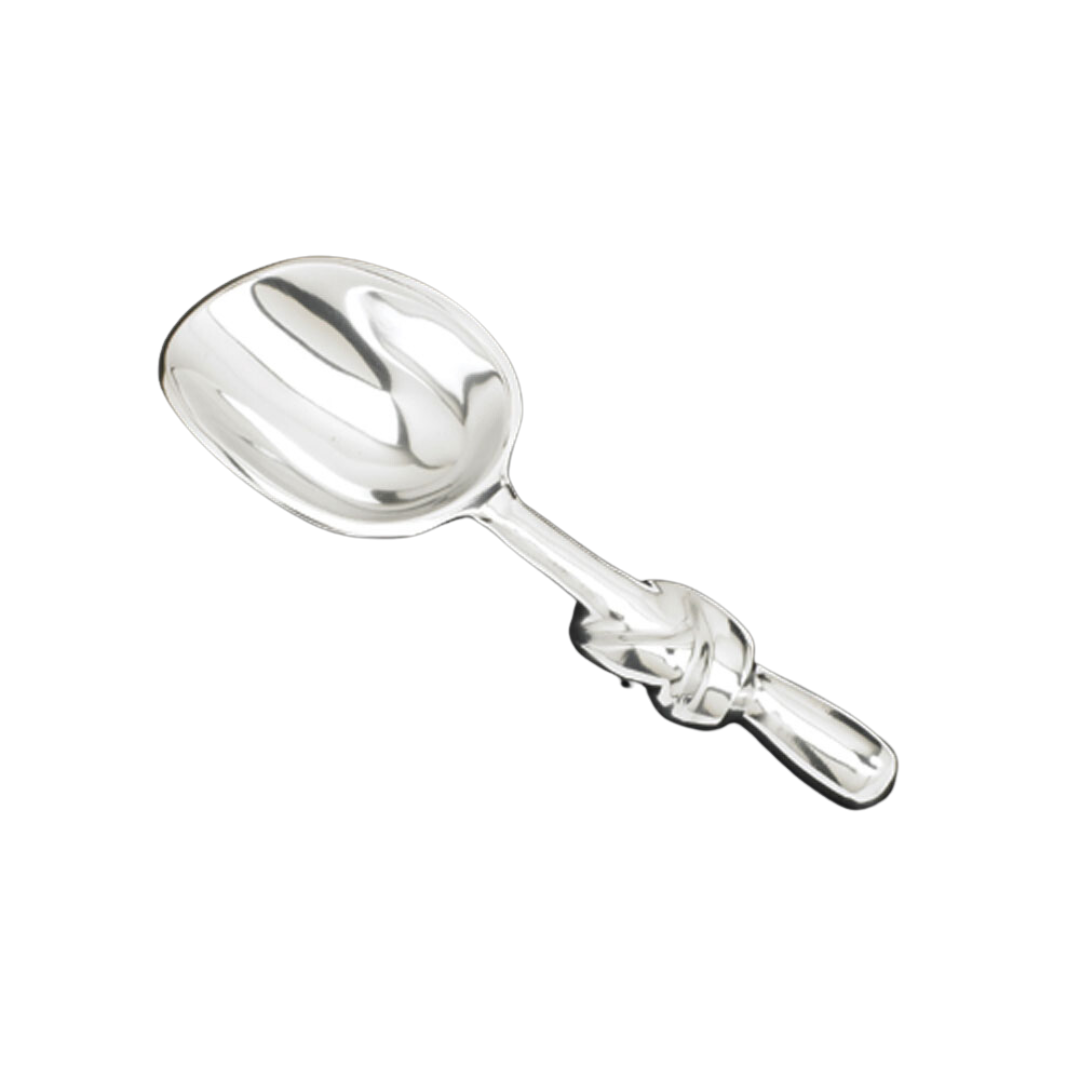 The Knotty Scoop by Inspired Generations features a shiny, rounded bowl and sturdy handle, expertly crafted from food-safe aluminum and shown isolated on a white background.